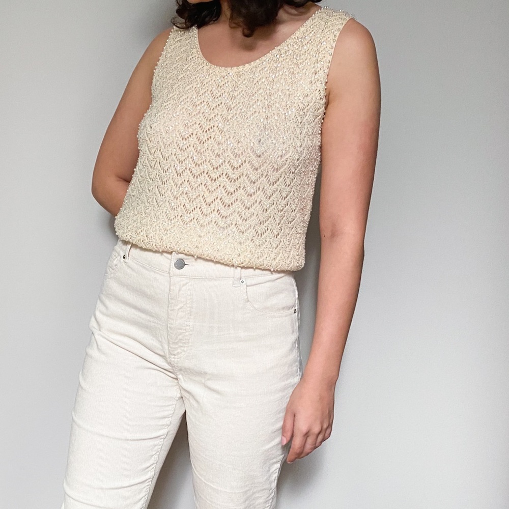 Vtg. 1920s style pale pink beaded 100% wool top